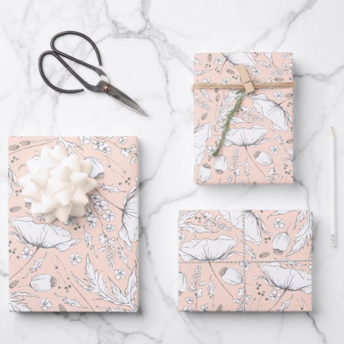 Hand_drawn Wildflowers Pencil Sketch Pattern Peach Wrapping Paper Sheets