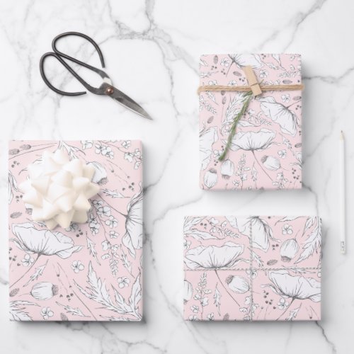 Hand_drawn Wildflowers Pencil Sketch Pattern Pink  Wrapping Paper Sheets