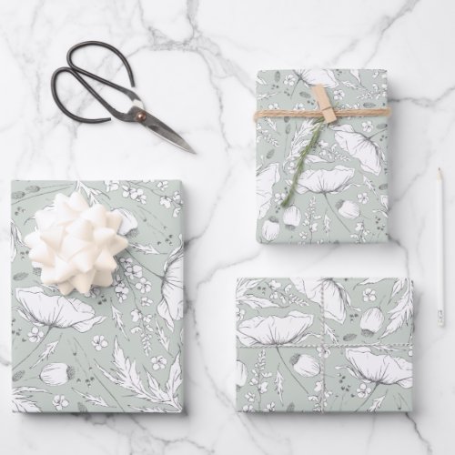Hand_drawn Wildflowers Pencil Sketch Pattern Sage Wrapping Paper Sheets