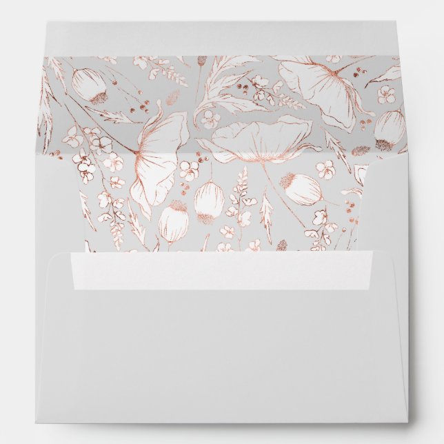 Hand-Drawn Wildflowers Pink and Light Grey Wedding Envelope (Back (Bottom))