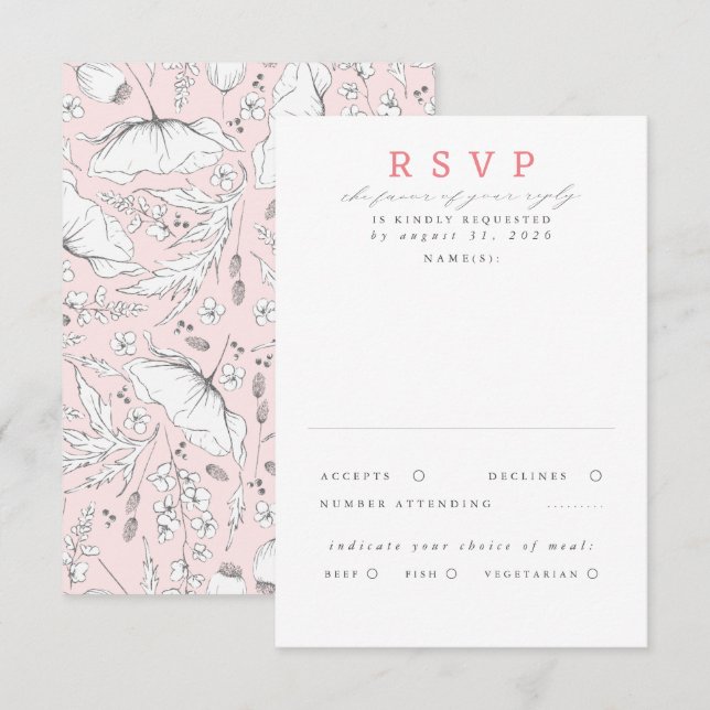 Hand-drawn Wildflowers Pink Wedding RSVP (Front/Back)