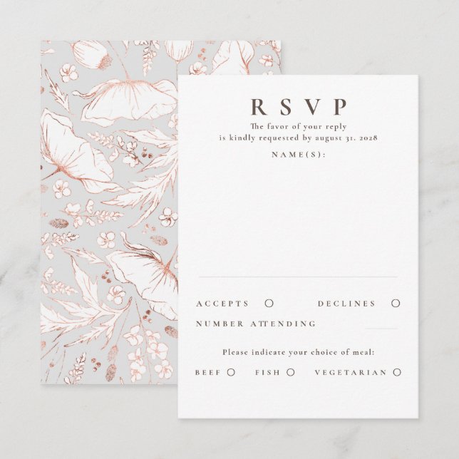 Hand-drawn Wildflowers Rose Gold Wedding RSVP (Front/Back)