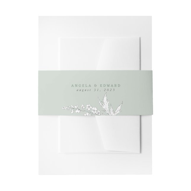 Hand-drawn Wildflowers Sage Green Elegant Wedding Invitation Belly Band (Front Example)