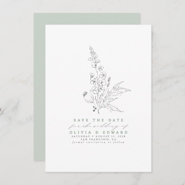 Hand-drawn Wildflowers Sage Green Save the Date (Front/Back)