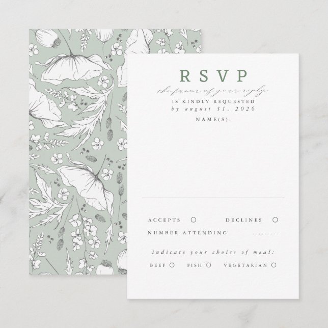 Hand-drawn Wildflowers Sage Green Wedding RSVP (Front/Back)