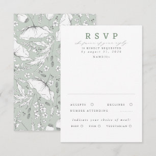Hand-drawn Wildflowers Sage Green Wedding RSVP Card