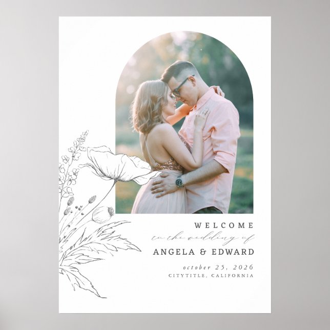 Hand-drawn Wildflowers Wedding Welcome Photo Poster (Front)