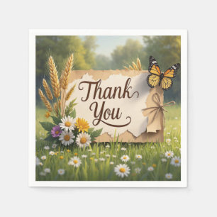 Hand drawn wildflowers, wheat stalks, butterflies napkins