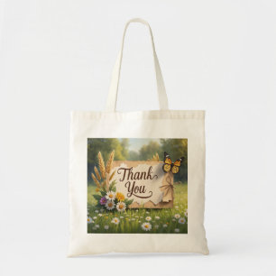 Hand drawn wildflowers, wheat stalks, butterflies tote bag