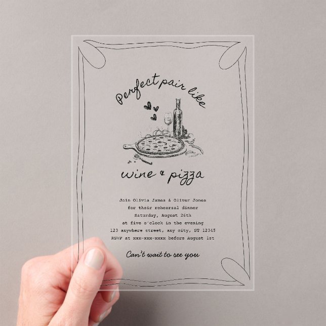 Hand drawn wine and pizza acrylic rehearsal dinner invitations (Insitu (Handheld))