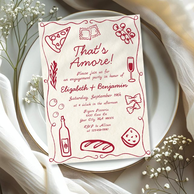 Hand Drawn Wine Red Retro Italian Engagement Party Invitation (Creator Uploaded)