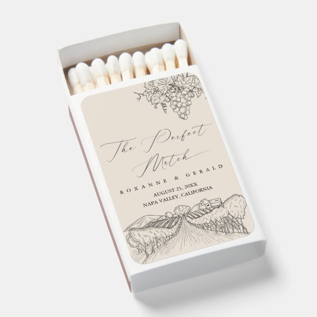 Hand Drawn Winery Vineyard California Napa Wedding Matchboxes (Front Open)