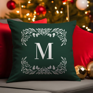 Hand Drawn Winter Foliage Monogram Christmas Throw Pillow