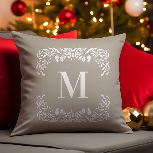 Hand Drawn Winter Foliage Monogram Christmas Throw Pillow