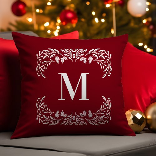 Hand Drawn Winter Foliage Monogram Christmas Throw Pillow