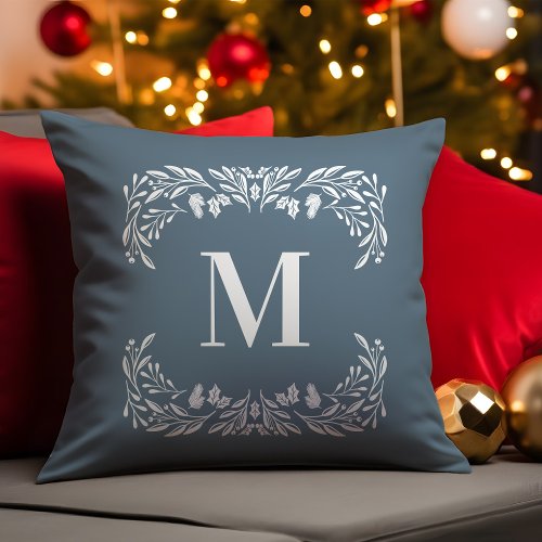 Hand Drawn Winter Foliage Monogram Christmas Throw Pillow