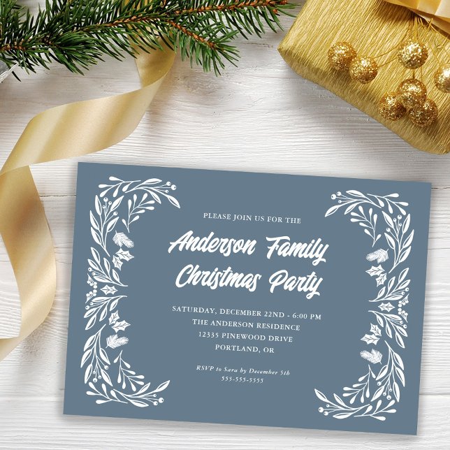 Hand Drawn Winter Greenery Family Christmas Party Invitation (Creator Uploaded)