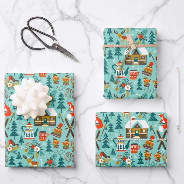 Hand Drawn Winter Skiing Wild Animals Nature Gift Wrapping Paper Sheets (Front)