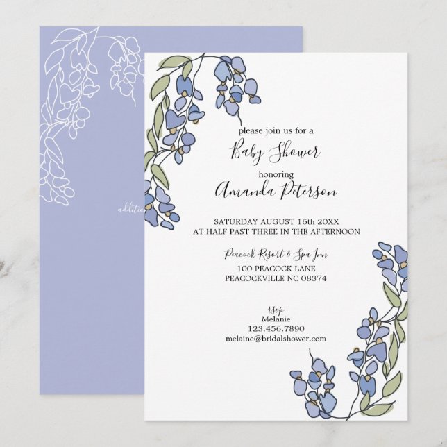 Hand Drawn Wisteria Floral Baby Shower Invitation (Front/Back)