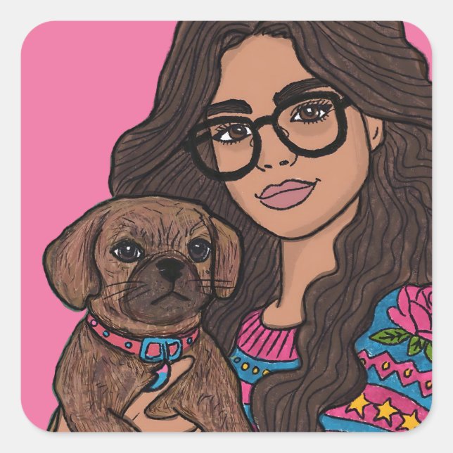 Hand Drawn Woman with her Puggle Dog Square Sticker (Front)