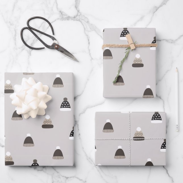 Hand Drawn Wool Hat Pattern Wrapping Paper Sheets (Front)