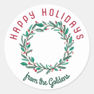 Hand Drawn Wreath CUSTOM Holiday Christmas  Classic Round Sticker