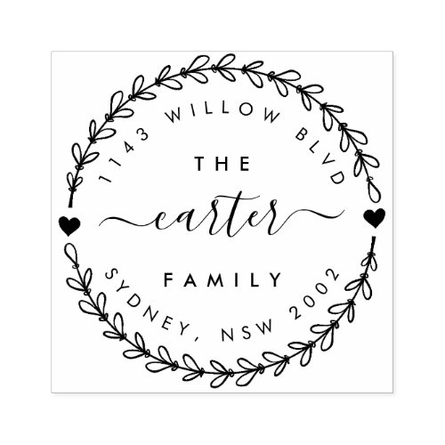 Hand Drawn Wreath Family Name Return Address Rubber Stamp