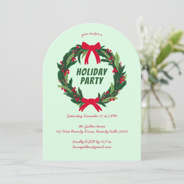 Hand Drawn Wreath Holiday Christmas Party ARCH Invitation (Standing Front)