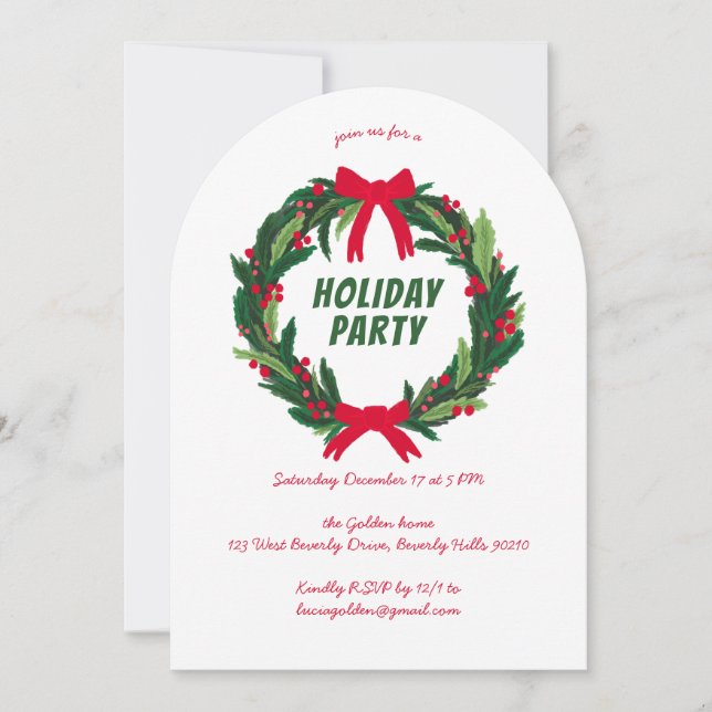 Hand Drawn Wreath Holiday Christmas Party ARCH Invitation (Front)