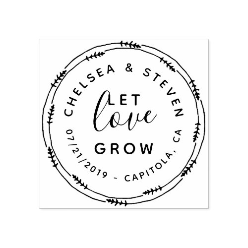 Hand Drawn Wreath Let Love Grow Rustic Wedding Rubber Stamp
