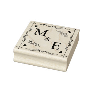 Hand drawn wreath monogram square floral flowers s rubber stamp