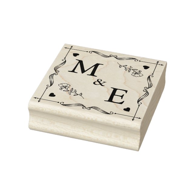 Hand drawn wreath monogram square floral flowers s rubber stamp (Stamp)