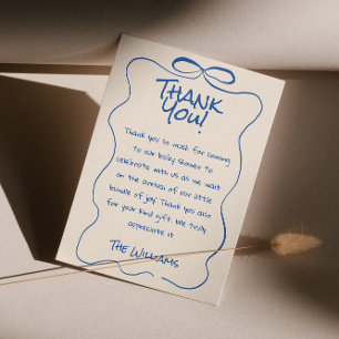 Hand Drawn Written Blue Oh Boy Ribbon Baby Shower Thank You Card