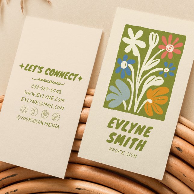 Hand Drawn Written Green Bold Retro Boho Floral Business Card (Creator Uploaded)