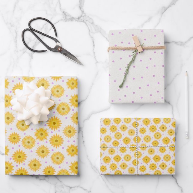 Hand Drawn Yellow Flowers Purple Polka Dots Wrapping Paper Sheets (Front)