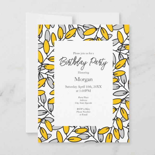 Hand Drawn Yellow Gray Leaves Pattern  Invitation (Front)