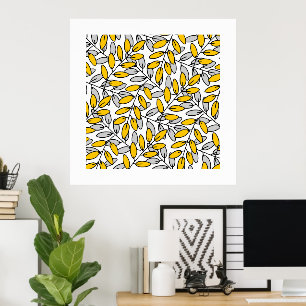 Hand Drawn Yellow Gray Leaves Pattern Poster