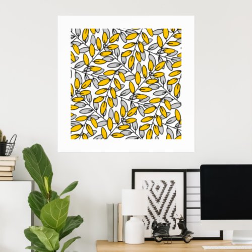 Hand Drawn Yellow Gray Leaves Pattern Poster