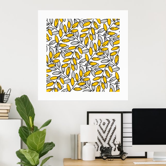 Hand Drawn Yellow Gray Leaves Pattern Poster (Home Office)