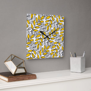 Hand Drawn Yellow Gray Leaves Pattern Square Wall Clock
