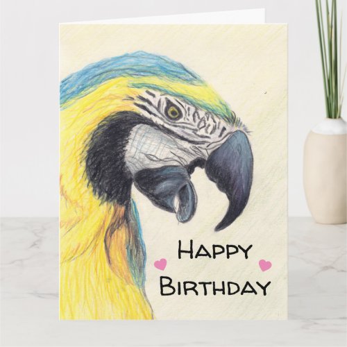 hand drawn yellow macaw parrot birthday greetings card