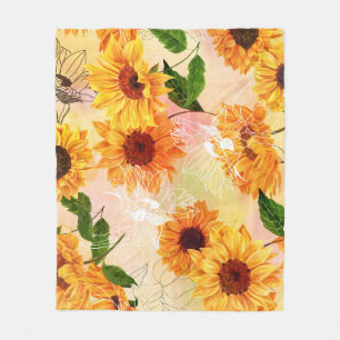 Hand-Drawn Yellow Sunflowers Watercolor Pattern Fleece Blanket
