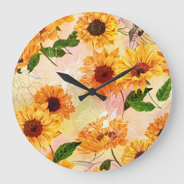 Hand-Drawn Yellow Sunflowers Watercolor Pattern Large Clock (Front)