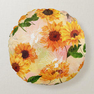Hand-Drawn Yellow Sunflowers Watercolor Pattern Round Pillow