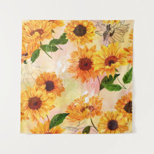 Hand-Drawn Yellow Sunflowers Watercolor Pattern Tapestry