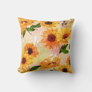Hand-Drawn Yellow Sunflowers Watercolor Pattern Throw Pillow