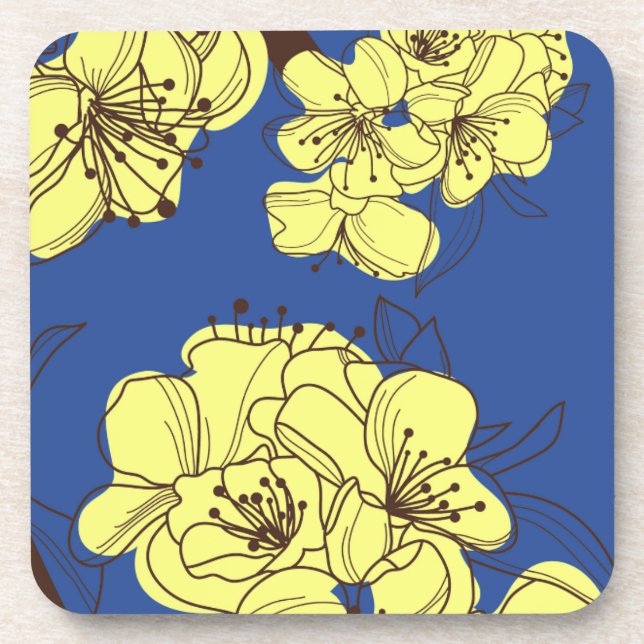 Hand Drawn Yellow Wild Flowers on Blue Drink Coaster (Front)