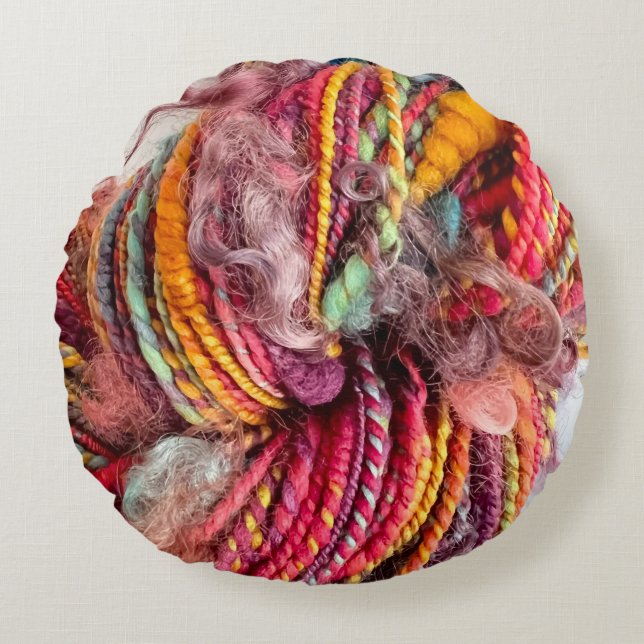Hand Dyed and Handspun Yarn  Round Pillow (Front)