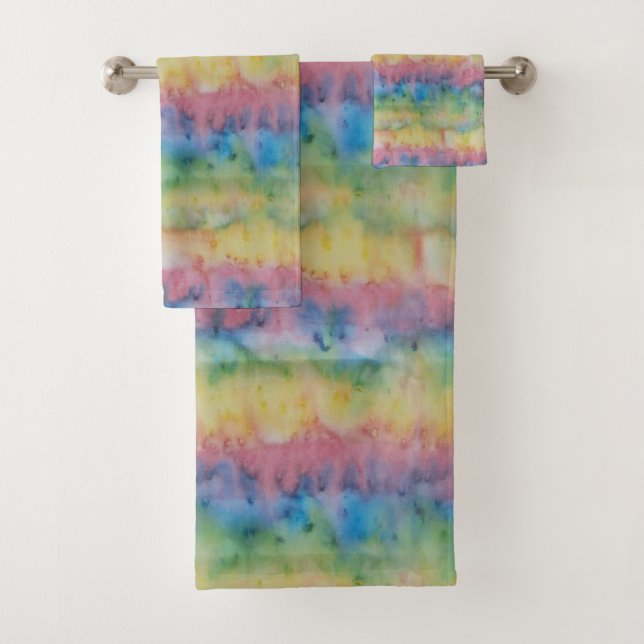 Hand Dyed Rainbow Stripe Bath Towel Set (Insitu)