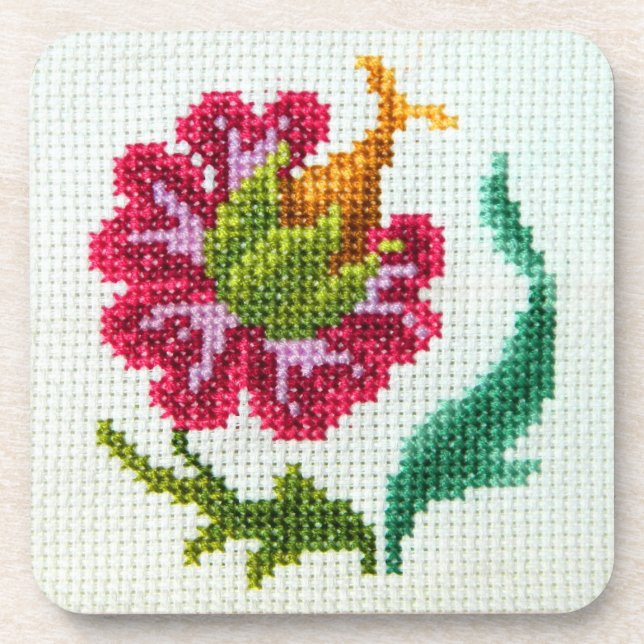 Hand embroidered bright flower 3 drink coaster (Front)